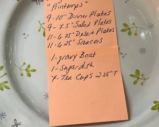 O109 - $275. Set of Longchamp "Printemps" Pottery. 9 - 10" Dinner Plates, 9 - 7.5" Salad Plates, 11 - 6.75" Desert Plates, 11 - 6.25" Saucers, 7 - Tea Cups, 1 Gravy Boat, 1 Sugar Dish.
