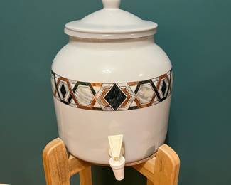 O122 - $45. Blue Wave excess Water Crock with Stand. Crock Holds 2.2 Gallons. Stand Measures 27" Tall.