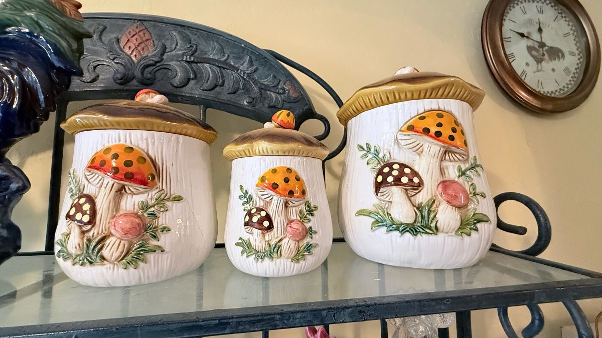 **Vintage Ceramic Mushroom Canister Set (3-Piece)** – Charming three-piece ceramic kitchen canister set featuring raised mushroom designs with fitted lids. A whimsical vintage-style addition to farmhouse, cottagecore, or retro kitchen décor. Includes large, medium, and small canisters. A staple for the cottage-core girlies.