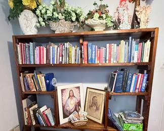 Large Solid Wood Bookshelf – Sturdy solid wood bookcase featuring multiple open shelves with a warm wood finish. Perfect for displaying books, collectibles, décor, or family photos in a living room, office, or study. A timeless and versatile storage piece. Contents not included unless noted.