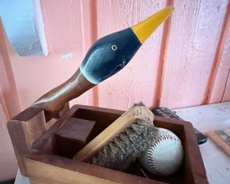 **Vintage Wooden Duck Decoy & Wooden Utility Box** – Rustic décor grouping featuring a handcrafted wooden duck decoy and a vintage wooden utility box containing assorted vintage sporting and grooming accessories. Great for cabin, lodge, farmhouse, or rustic home décor. Sold individually unless noted.