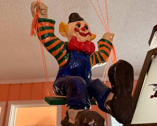 Vintage Paper Mâché Clown Hanging Figure – Colorful vintage paper mâché clown figure featuring hand-painted details and decorative hanging strings. A whimsical circus-inspired collectible that's perfect for vintage décor, folk art collections, or nostalgic displays. Ready to hang.