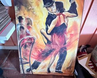 Large Framed Tango Dancers Wall Art – Bold framed artwork depicting an elegant couple dancing the tango in warm, vibrant tones. A striking statement piece for a living room, dining room, office, or dance enthusiast's collection. Ready to hang.