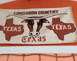 Vintage Texas Longhorn Wall Hanging – Rustic woven wall hanging featuring a Texas Longhorn design with "Longhorn Country" and Texas graphics. A great piece of Southwestern, ranch, or Texas-themed décor for a home, cabin, game room, or man cave. Ready to display.