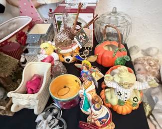 Assorted Seasonal & Home Décor Collection – Eclectic assortment of decorative home accents including autumn and Halloween décor, angel figurines, candles, glass jars, tabletop decorations, floral accents, and seasonal collectibles. A fun mix for holiday decorating, gift giving, or adding charm throughout the home. Sold individually unless noted.