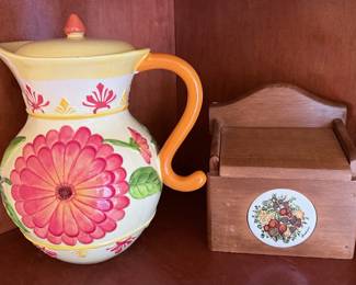 Vintage Floral Ceramic Coffee Pot & Wooden Recipe Box – Charming ceramic coffee pot featuring a bold pink floral design with a matching lid and bright orange handle. Paired with a vintage wooden recipe box with a fruit motif. A cheerful addition to farmhouse, cottage, or retro kitchen décor. Sold separately unless noted.