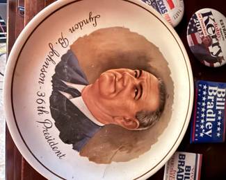 Vintage Political Memorabilia Collection – Assorted political collectibles including campaign buttons, pins, bumper stickers, and a commemorative Franklin D. Roosevelt plate. Features memorabilia from various national, state, and local political campaigns. A great collection for political history enthusiasts and memorabilia collectors. Sold individually unless noted.