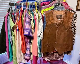Vintage Clothing Collection – Large assortment of vintage and contemporary clothing including dresses, blouses, jackets, pants, and specialty pieces. Also featured is a vintage suede leather vest with patchwork detailing. Great selection for vintage fashion lovers, resellers, costume designers, or anyone looking for unique wardrobe finds. Clothing sold individually unless noted.