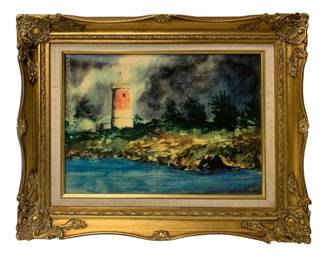 142 - Framed Lighthouse Painting - Signed - 19 x 16