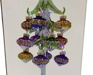 1056 - Handcrafted Glass LED Tree w/ 12 Ornaments in (Description): Box - 10" Tall Used as is electric/electronic/mechanical item. No guarantee all components, untested.
