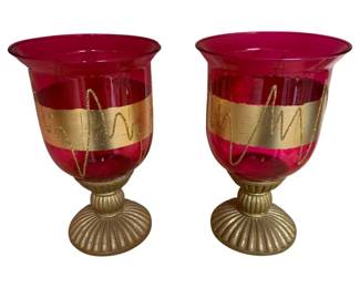 1246 - Pair of Red & Gold Hurricane-Style Candle Holders (Description): 8.75 x 5.5