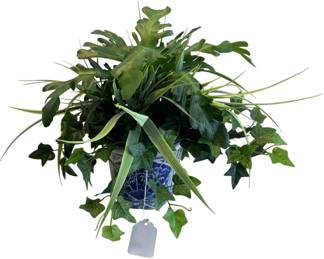 374 - Faux Greenery Arrangement in Blue & White Planter (Description): 13 x 12 x 15