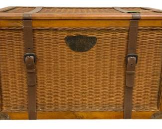 1369 - Wood & Wicker Trunk w/ Leather Straps (Description): 19 x 32 x 18