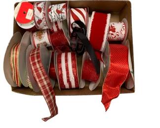1222 - Box Lot of Assorted Christmas Ribbon (Description): candy cane, cardinal, gingerbread men