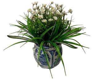 216 - Floral Arrangement in Blue & White Planter (Description): 14 x 14 x 14
