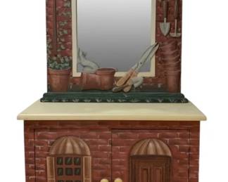 890 - Vintage Hand Painted Wood Vanity Cabinet w/ Mirror (Description): Picket Fences by Generations for the 21st Century 75 x 36.5 x 14