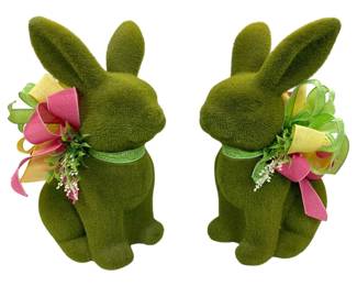 953 - 2 Flocked Moss Easter Bunny Figurines w/ Bows (Description): 16 x 13 x 7