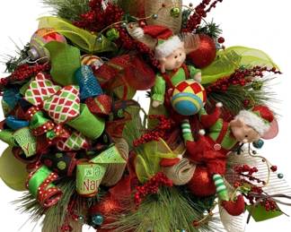 901 - Handcrafted Christmas Lighted Elf Wreath (Description): 24 x 27 Used as is electric/electronic/mechanical item. No guarantee all components, untested.