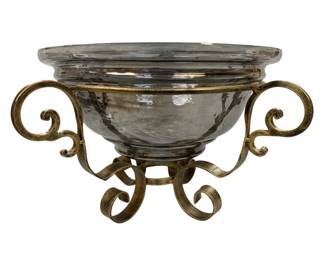 957 - Centerpiece Fluted Glass Bowl w/ Ornate Stand (Description): 10.5 x 20 x 20