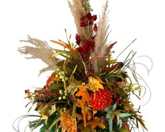 113 - Handcrafted Fall Arrangement in Metal Planter (Description): 31 x 20