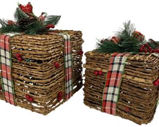 972 - 2 Decorative Lighted Rattan Christmas Gift Boxes (Description): 9.5 x 11 x 11 - largest one