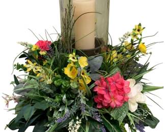 738 - Floral Candleholder Arrangement w/ Glass Vase (Description): & Candle - 24 x 22