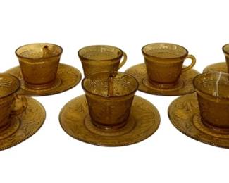 191 - 18 Amber Tiara Glass Cups & Saucers (Description): Saucer - 6" Round Cup - 3 x 4.5 x 3.5