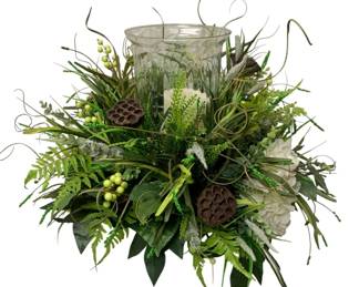 200 - Handcrafted Centerpiece w/ Glass Hurricane (Description): 20 x 34 x 34