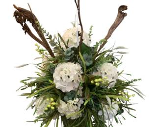 206 - Large Faux Hydrangea & Wood Floral Arrangement (Description): 42 x 27 x 27