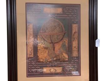 703 - Framed Globe Picture - Signed - 35 x 29