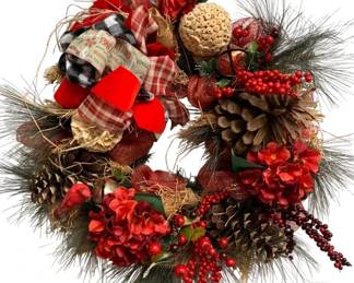 897 - Handcrafted Jingle Bell/Pine Cone Wreath (Description): 27 x 27