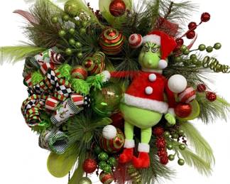 896 - Handcrafted Christmas Lighted Grinch Wreath (Description): 28 x 28 Used as is electric/electronic/mechanical item. No guarantee all components, untested.