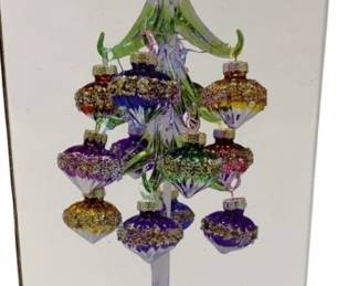 1055 - Handcrafted Glass LED Tree w/ 12 Ornaments in (Description): Box - 10" Tall Used as is electric/electronic/mechanical item. No guarantee all components, untested.