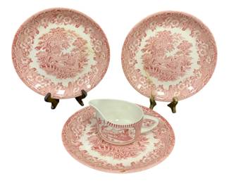 1410 - 4pcs Vtg Biltons England Pink/White Transferware (Description): 2 Plates are cracked and repaired 9 Inches Round Creamer