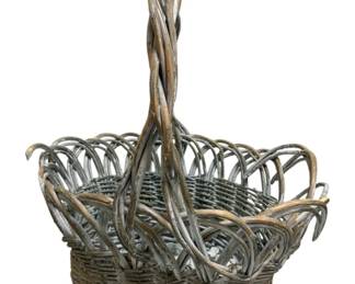 938 - Large Decorative Woven Willow Basket (Description): 28 x 23 x 24 High Overhead Handle and a Ornate Open Loop Rim