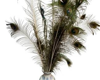 227 - Blue & White Vase w/ Peacock Feathers (Description): Vase - 14.75 x 7 Feathers - 46" Tall