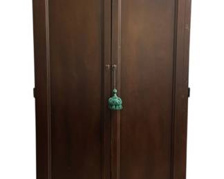 1503 - Bassett Traditional Wood Armoire / Bar Cabinet (Description): 71 x 43 x 22.5 Interior Mirror Panel, lower storage drawers, adjustable Glass and Wood Shelves