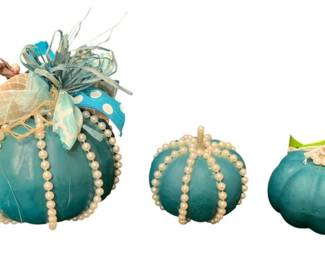 7 - Set of 3 Teal & Pearl Pumpkins - 8 x 6