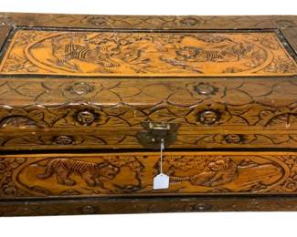 623 - Vintage Heavily Carved Wooden Trunk - 14 x 35 x 16