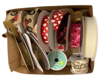 1208 - Box Lot of Assorted Ribbons (Description): Tractor & hearts & more