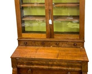 1419 - Antique Empire-Style Secretary Bookcase w/ key (Description): 75 x 18.5 x 39.25 Desk Portion is missing screws. Has Key