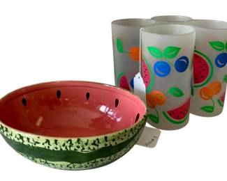 82 - Glass Watermelon Bowl w/ 4 Watermelon Cups