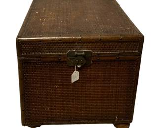 604 - Vintage Woven Rattan and Wicker Trunk (Description): 22 x 20 x 20