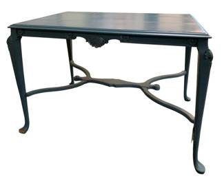 802 - Blue Wood Table - 30 x 25 x 42 (Description): As Is/Half of Foot on Table is Missing