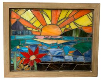 250 - Framed Stained Glass Sunrise Mosaic Art-16 x 12.75