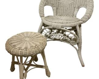 889 - Vintage White Wicker Armchair & Footrest (Description): Table - 14 x 13 Chair - 29 x 20 x 14