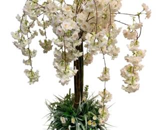 230 - Faux White Weeping Cherry Plant w/ Metal Planter (Description): 46 x 27 x 27