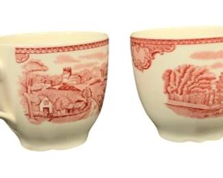 1402 - 4 Vintage pink/red Transferware Teacups - 3" (Description): Made in England