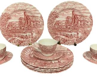 1411 - 12pcs Vintage Red/White Transferware Dishes (Description): The Post House by Bursley 10 Inches Round