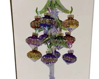 1054 - Handcrafted Glass LED Tree w/ 12 Ornaments in (Description): Box - 10" Tall Used as is electric/electronic/mechanical item. No guarantee all components, untested.